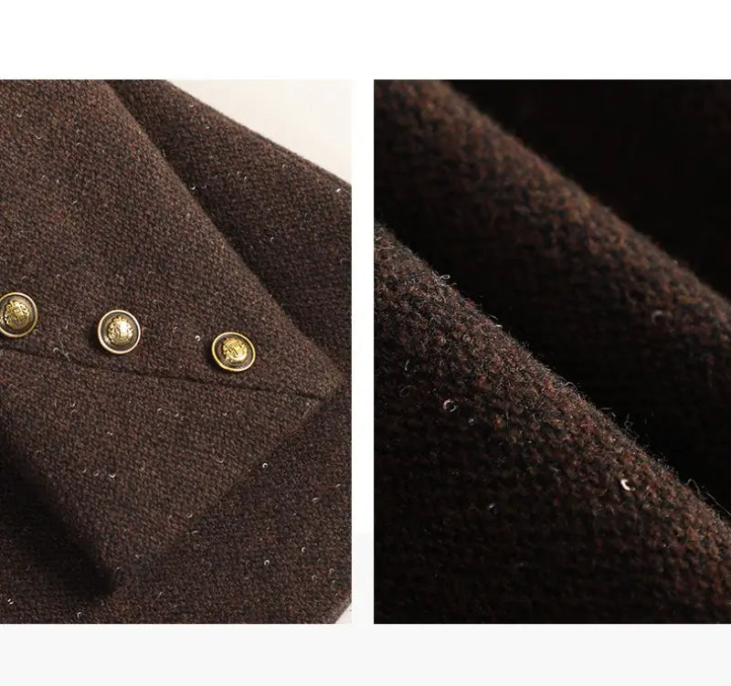Dark brown wool blend double breasted blazer featuring three gold toned button closures.