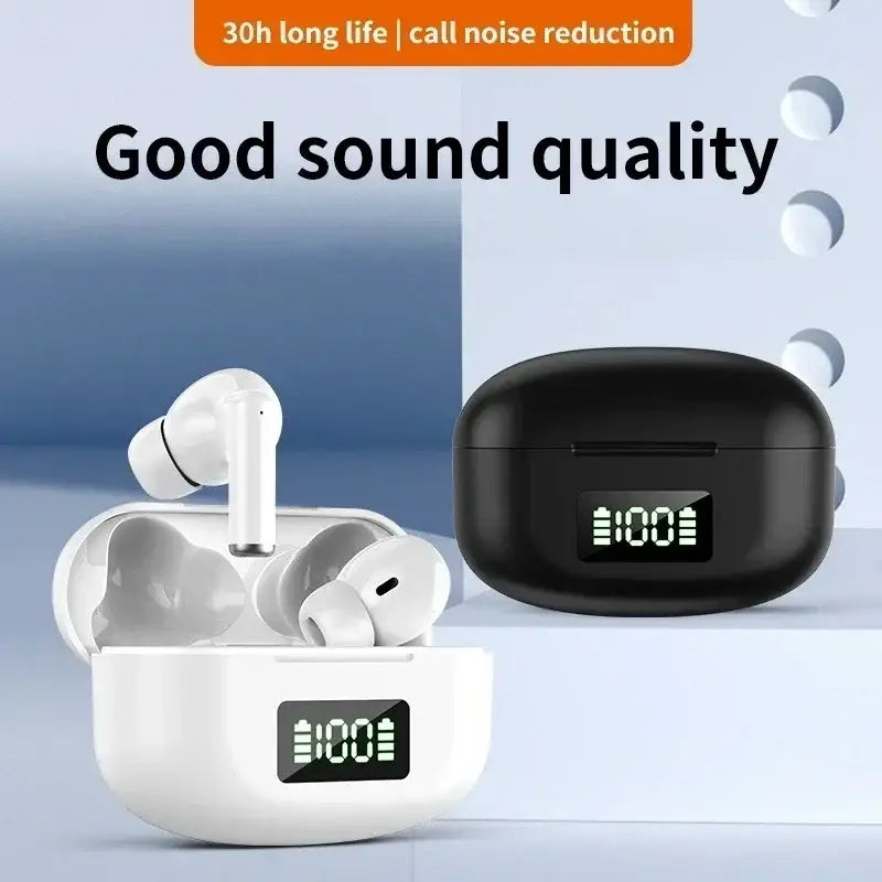 Wireless earbuds active noise cancelling Bluetooth 5.3 in white and black with digital battery displays on their charging cases.