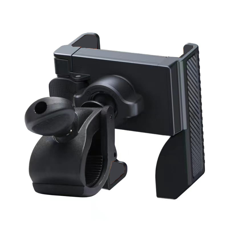 Soporte para teléfono de bicicleta de plástico negro con agarre texturizado y abrazadera ajustable, diseñado como soporte universal de GPS para manillar.
