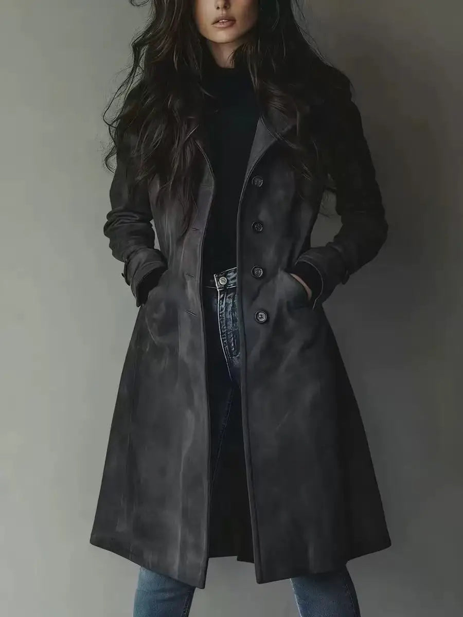 Women Trench Coats Long Jackets Solid Pocket Turn Down Collar Long Sleeves Single Breasted Loose Fit Casual 2026 Autumn Winter