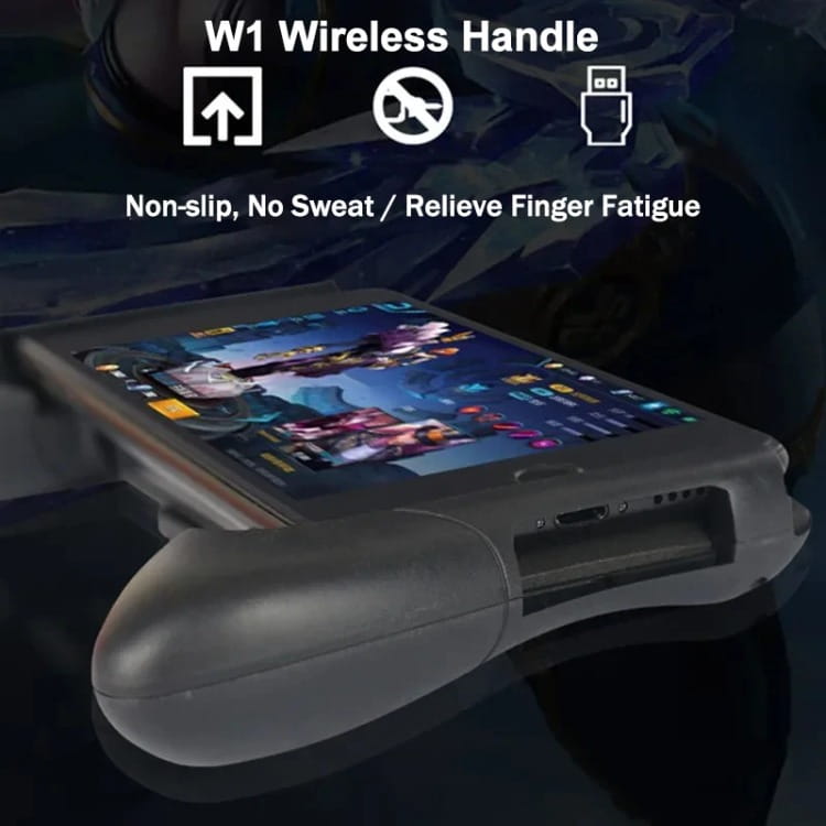 Agarre inalámbrico gris w1 para joysticks de gamepad de teléfono móvil; presenta contornos ergonómicos y un acabado mate para un uso prolongado y cómodo con dispositivos iOS y Android.