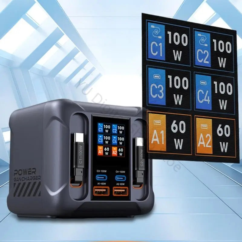デジタル表示と複数のUSBポートを備えた300W・ラギッド充電ステーション。100Wおよび60Wの格納式USB-C・EUプラグ充電に対応