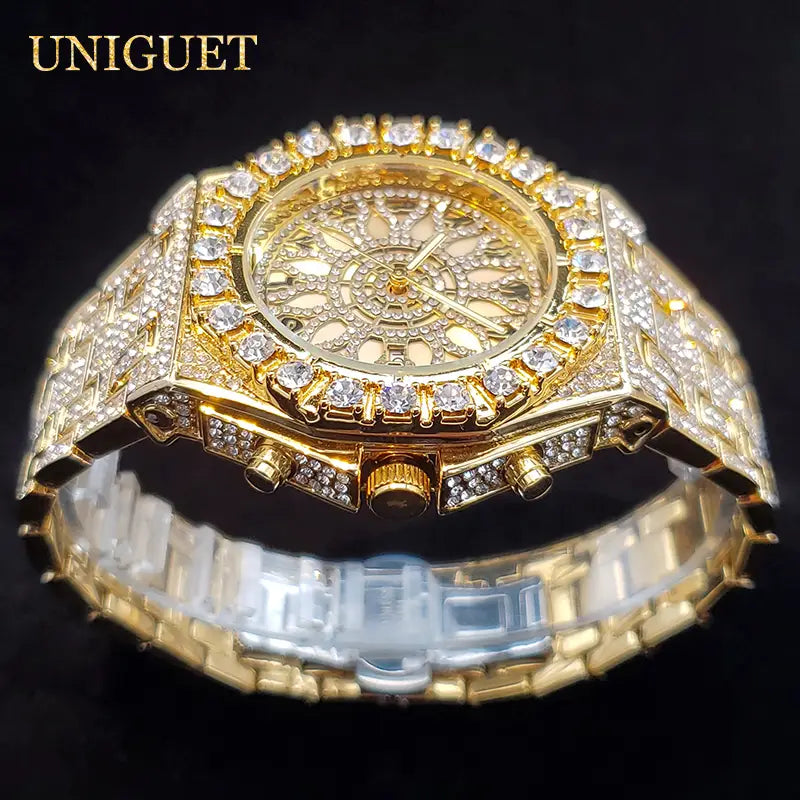 Gold-tone iced diamond men’s quartz watch with a dazzling diamond-encrusted bezel and bracelet featuring an intricate sunburst dial design for luxury silver hip hop style.