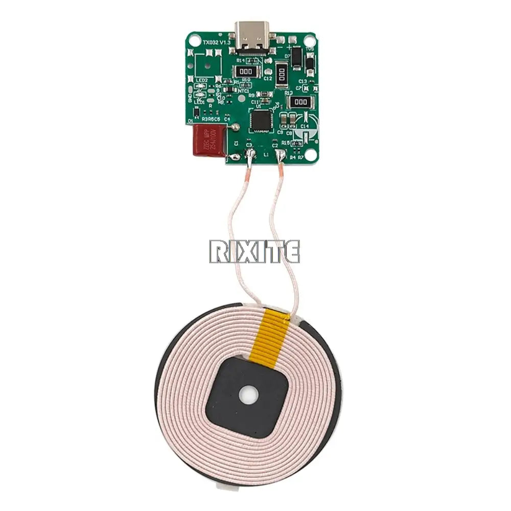 Green wireless charger coil module with circuit board and usb type-c port supports 15w fast charging and 12v input.