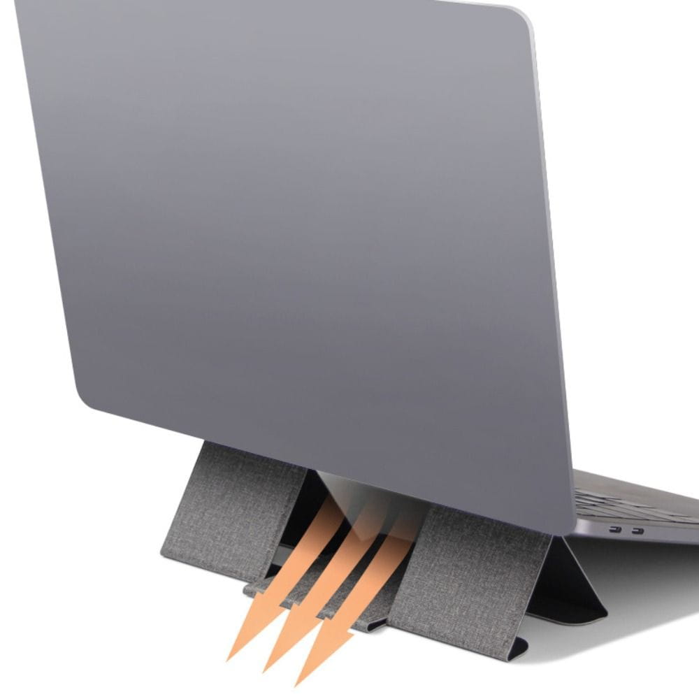 Grauer, faltbarer Laptopständer aus Stoff mit angewinkelten Stützbeinen und Wärmeableitungs-Pfeilen zur Kühlung, ausgelegt für 12- bis 16-Zoll-Notebooks