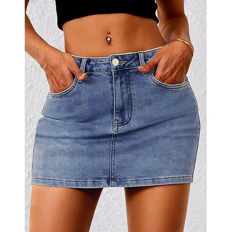 Denim Skirt Summer Women Stretch Denim Skirt A Line Mini Skirt Casual Fashion Elastic Waist Ruffled Hem Skirt