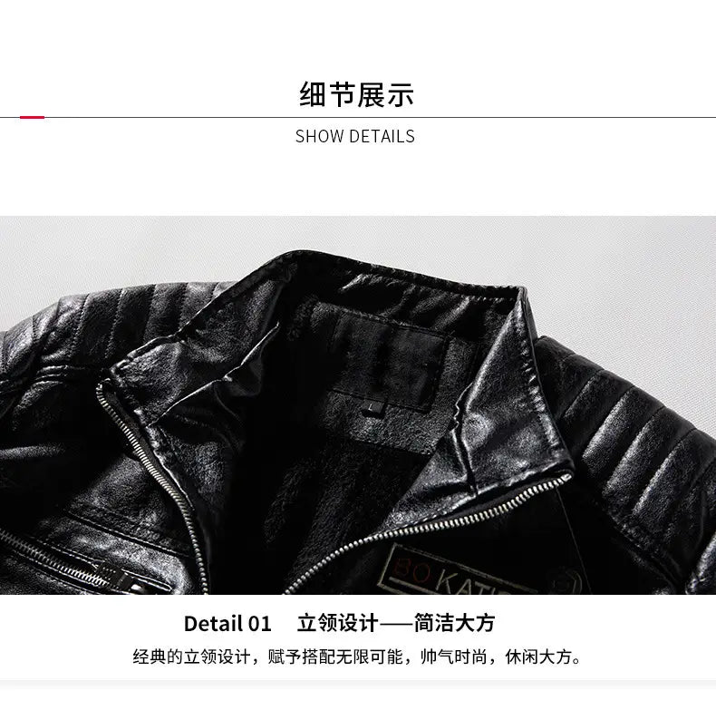 Men faux leather motorcycle winter bomber jacket in black with quilted shoulders and a structured collar.