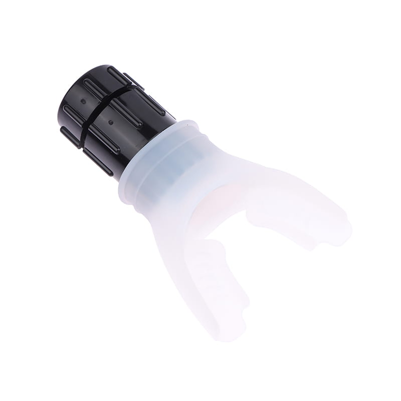 Transparent silicone diving mask with a black textured plastic top cap designed as a lung capacity training device for respiratory fitness.