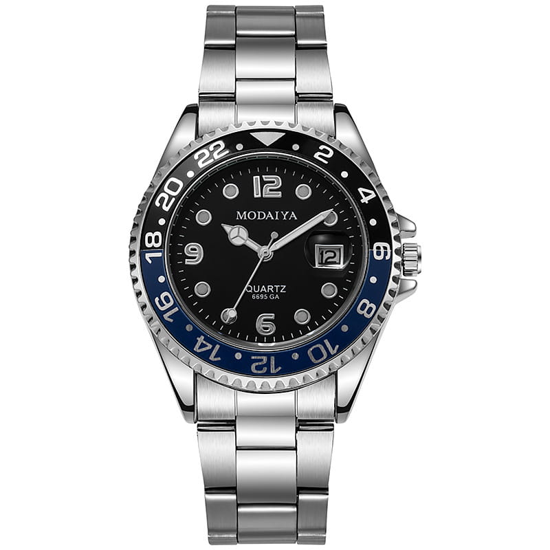 Silver stainless steel men’s quartz sport watch with black dial, blue bezel accents, date display, and rubber strap.