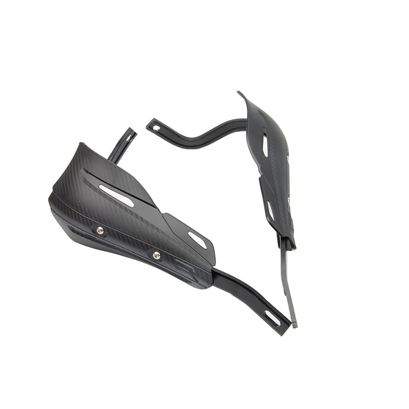 black carbon fiber universal dirt bike handguard with sleek aerodynamic design and reinforced metal mounting brackets visible from the back side
