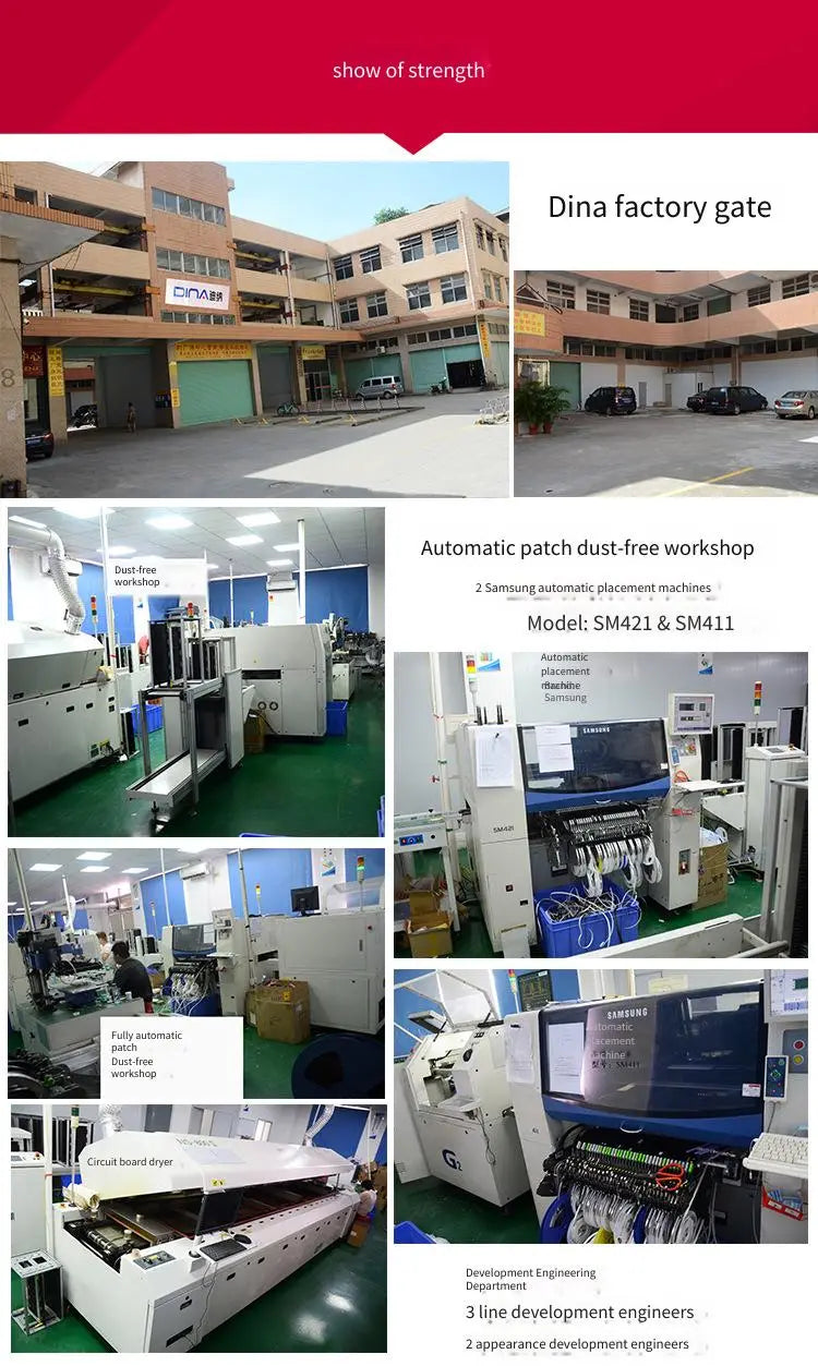 The image shows a collage of industrial scenes from the dina factory with automated manufacturing machines including samsung sm421 and sm411 automatic patch placement systems used in producing a bluetooth stereo audio amplifier 5.1 channel high power.
