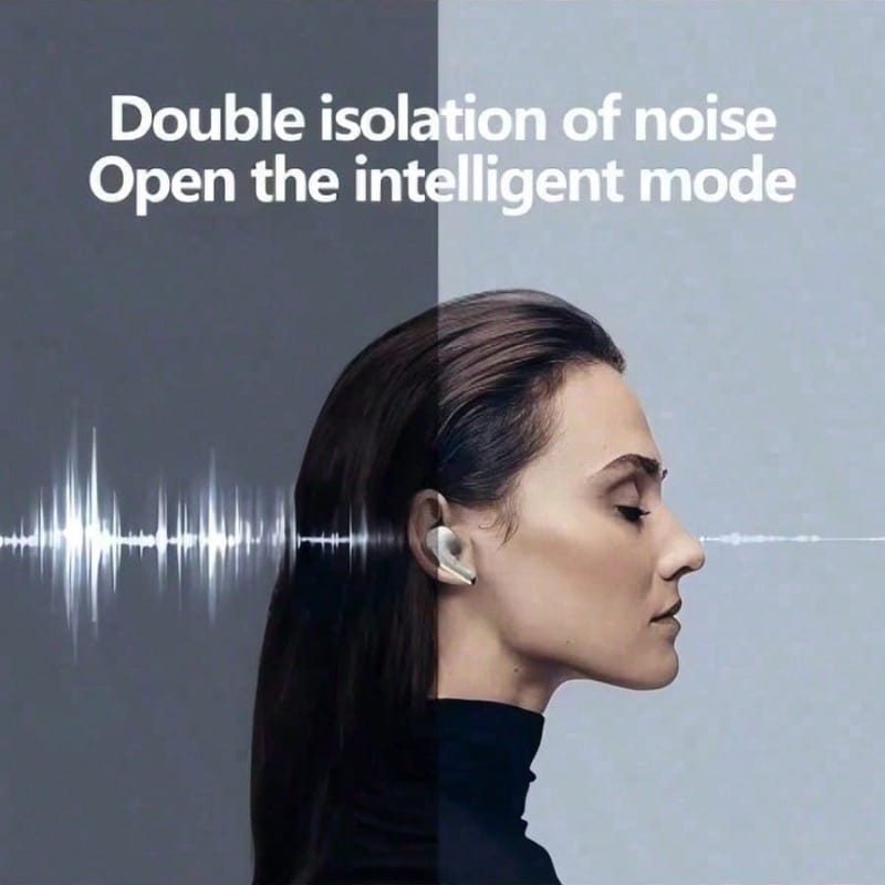 Weiße kabellose In-Ear-Kapsel mit schlankem, minimalistischem Design, die im Ohr getragen wird, mit Bluetooth-5.3- und aktiver-Geräuschunterdrückungs-Technologie.