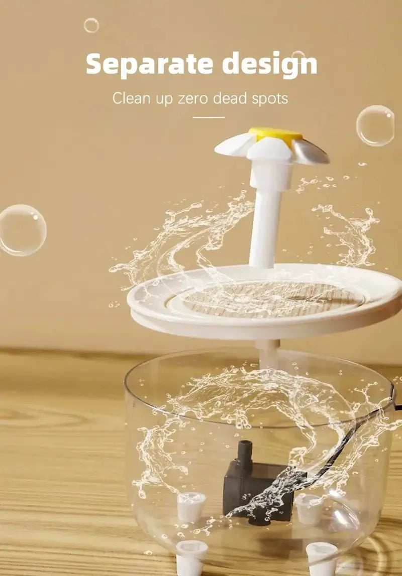 white plastic and transparent glass cat water fountain with a yellow-tipped daisy flower top and usb water dispenser for pets
