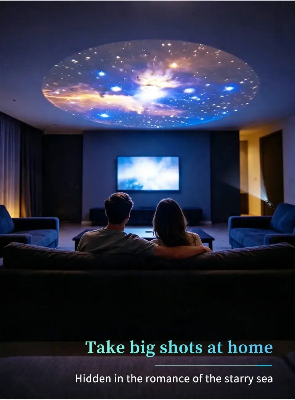 projecteur de galaxie ciel étoilé USB avec veilleuse, projetant une nébuleuse vibrante bleu et violet avec des étoiles scintillantes dans toute la pièce, créant un effet de projection en série de diapositives de ciel étoilé