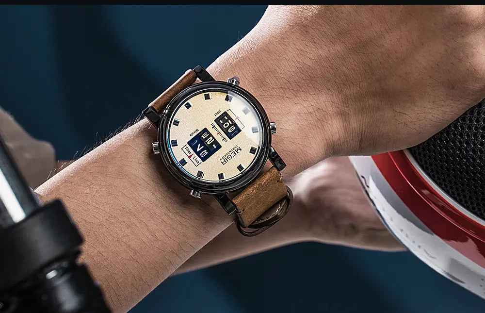 Megir military quartz watch with a rugged vintage-style digital cream-colored face, black bezel, and brown leather straps.
