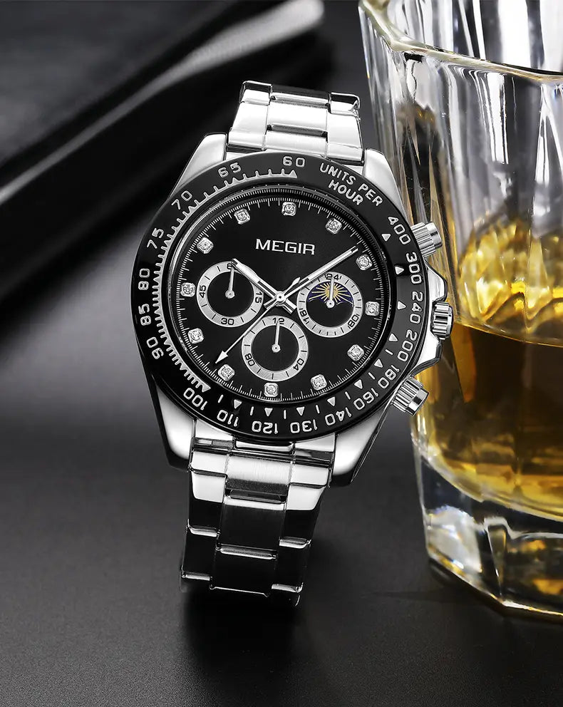 Silver-toned Megir men luxury sports quartz watch with a black dial, diamond accents at hour markers, and three subdials featuring a moon phase display.