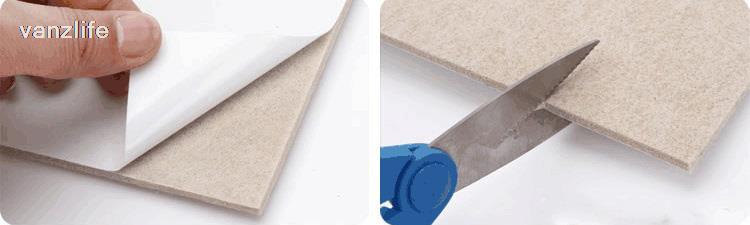 beige strukturierte Schaumstoffplatte, Filz-Möbelgleiter, Fußbodenschutz mit fünf Millimetern Stärke, die mit Scheren mit blauem Griff zugeschnitten werden