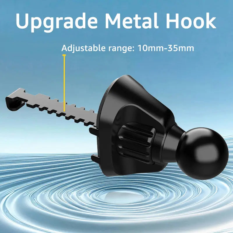 Base de tête à bille métallique 17 mm noire améliorée avec plage de crochet réglable de 10 mm à 35 mm, dotée d’une prise texturée et d’une extrémité sphérique pour la fixation sur grille d’aération de voiture.