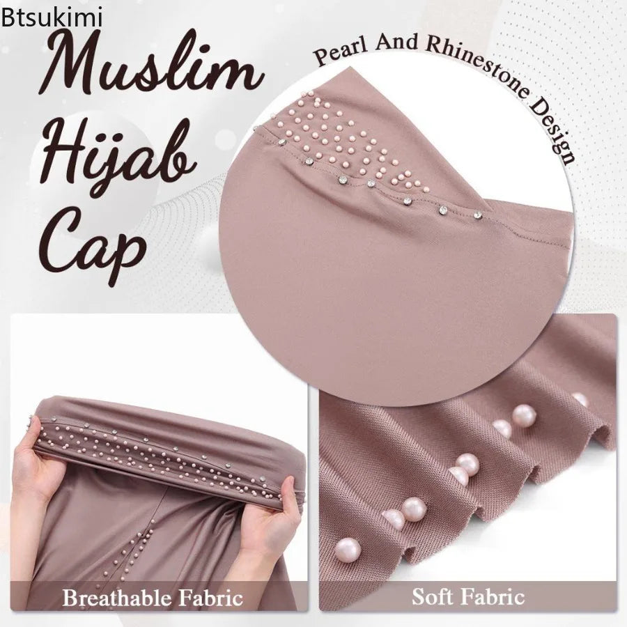 New Women's Headscarf Convenient Pullover Caps Muslim Hijabs Bead Scarf Malay Solid Color Long Shawls Islam Head Warp for Women