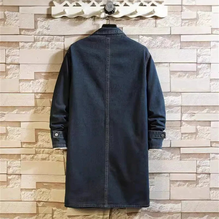 Fashion Denim Trench Coat 2026 Men's Spring Autumn Mid-length Jean Jacket Casual Windbreaker Loose Coats Large Size 5XL