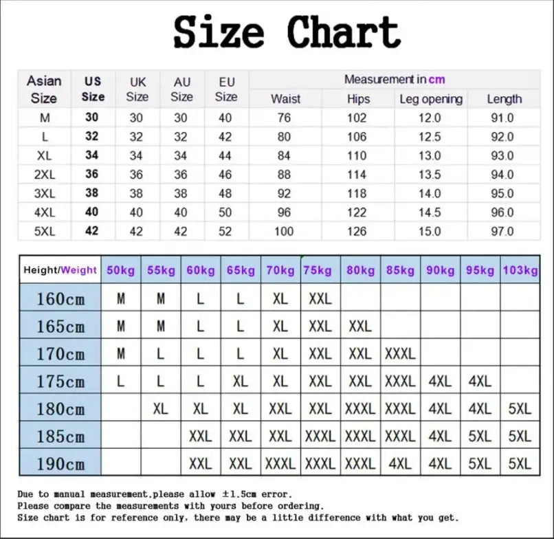 Size chart for men tactical cargo pants multi pocket joggers displaying measurements in centimeters with corresponding Asian US UK AU and EU sizes based on height and weight.