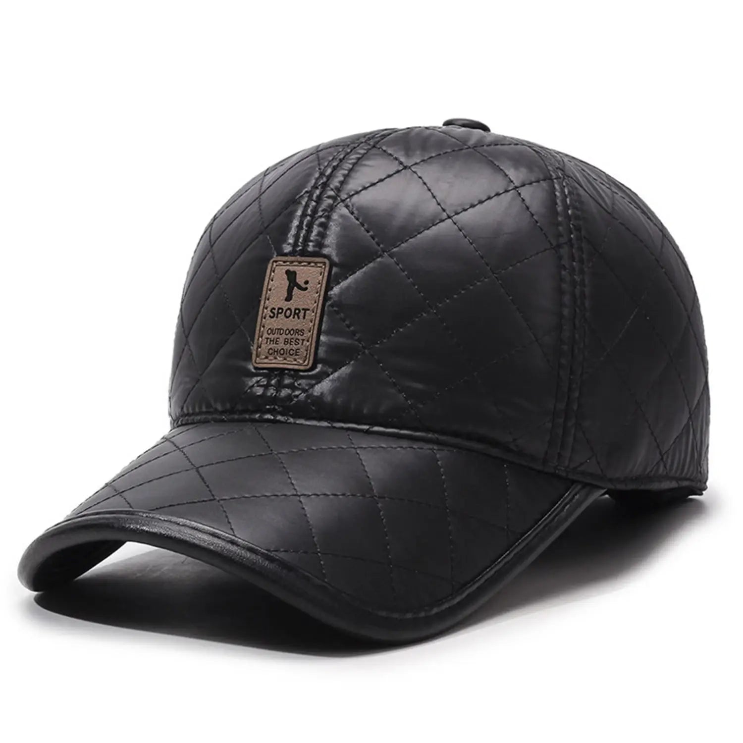 Casquette de baseball en cuir matelassé noir avec rabats d’oreilles chauds et petit écusson rectangulaire marron sur l’avant, convenant comme bonnet de Noël.