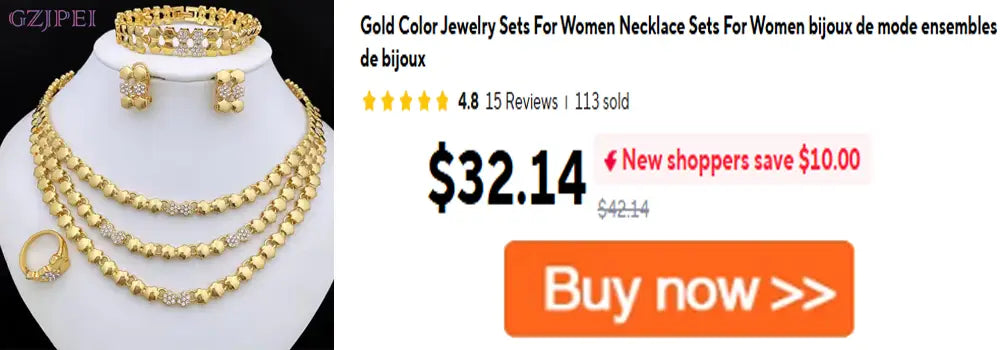 Goldfarbenes Perlen-Halskettenset für Damen mit geschichteten Ketten und diamantähnlichen Verzierungen in einem Goldquasten-Schmuckdesign.