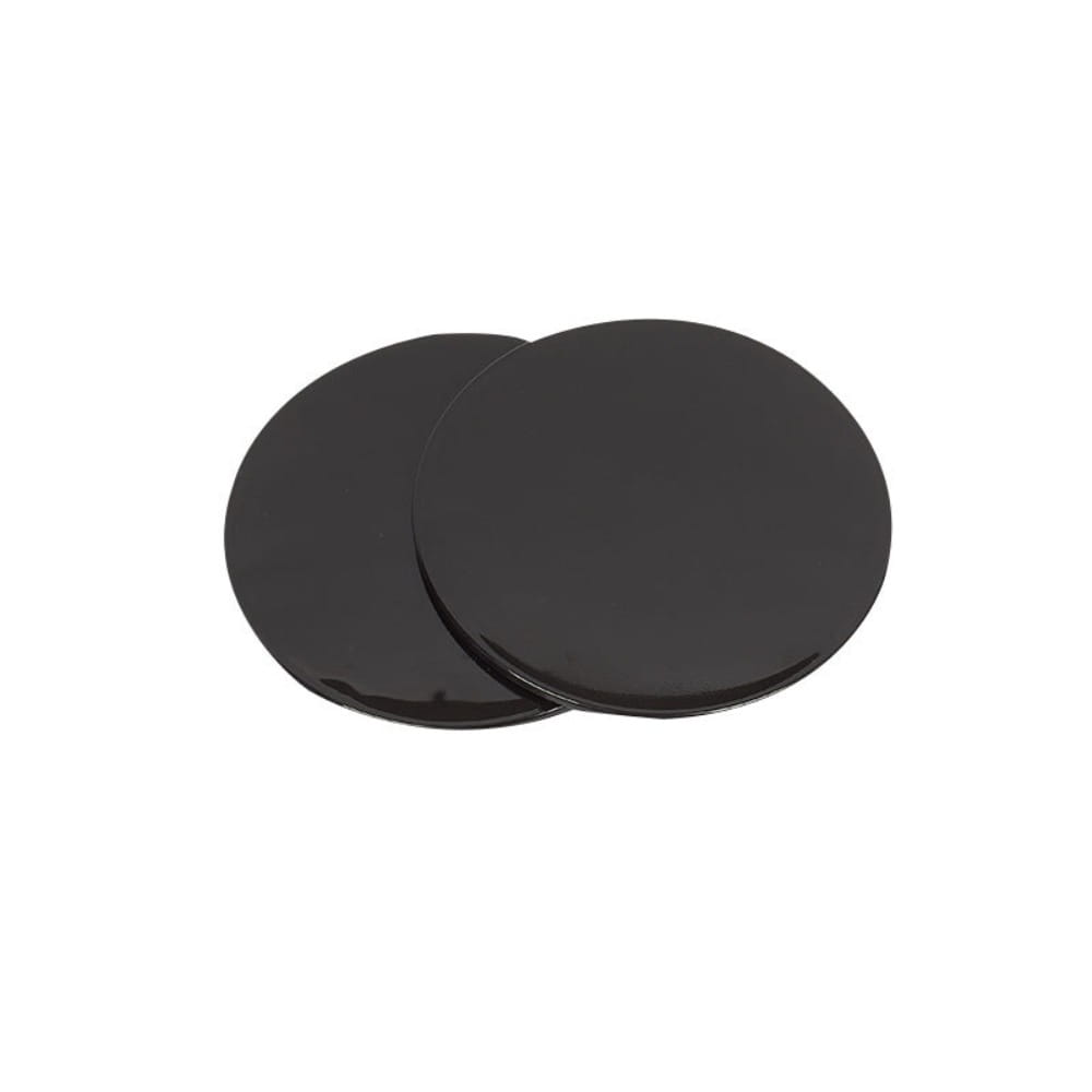 Two sleek glossy black circular core sliders fitness gliding discs with a smooth reflective surface for abdominal training.
