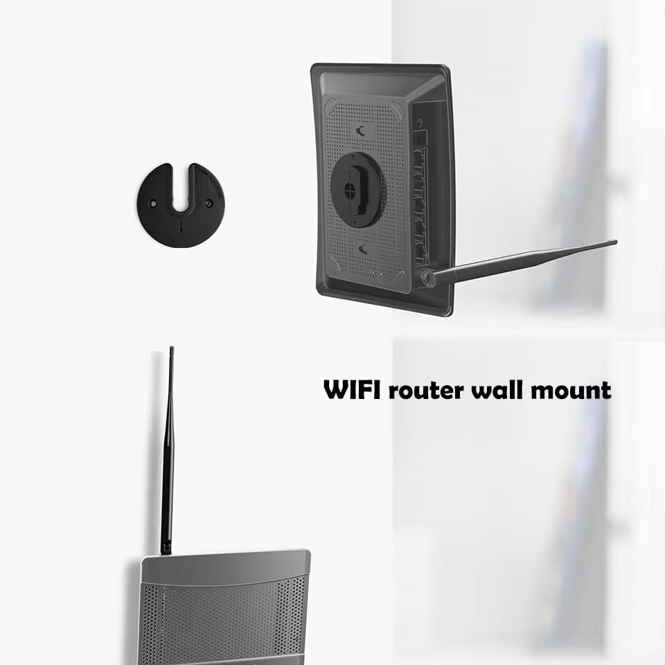 black plastic tablet wall mount adjustable router holder with circular base and adjustable bracket for secure installation on card board surfaces
