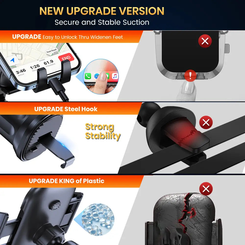 Black plastic car phone holder vent mount with steel hook and suction feet for secure stability and universal auto locking.
