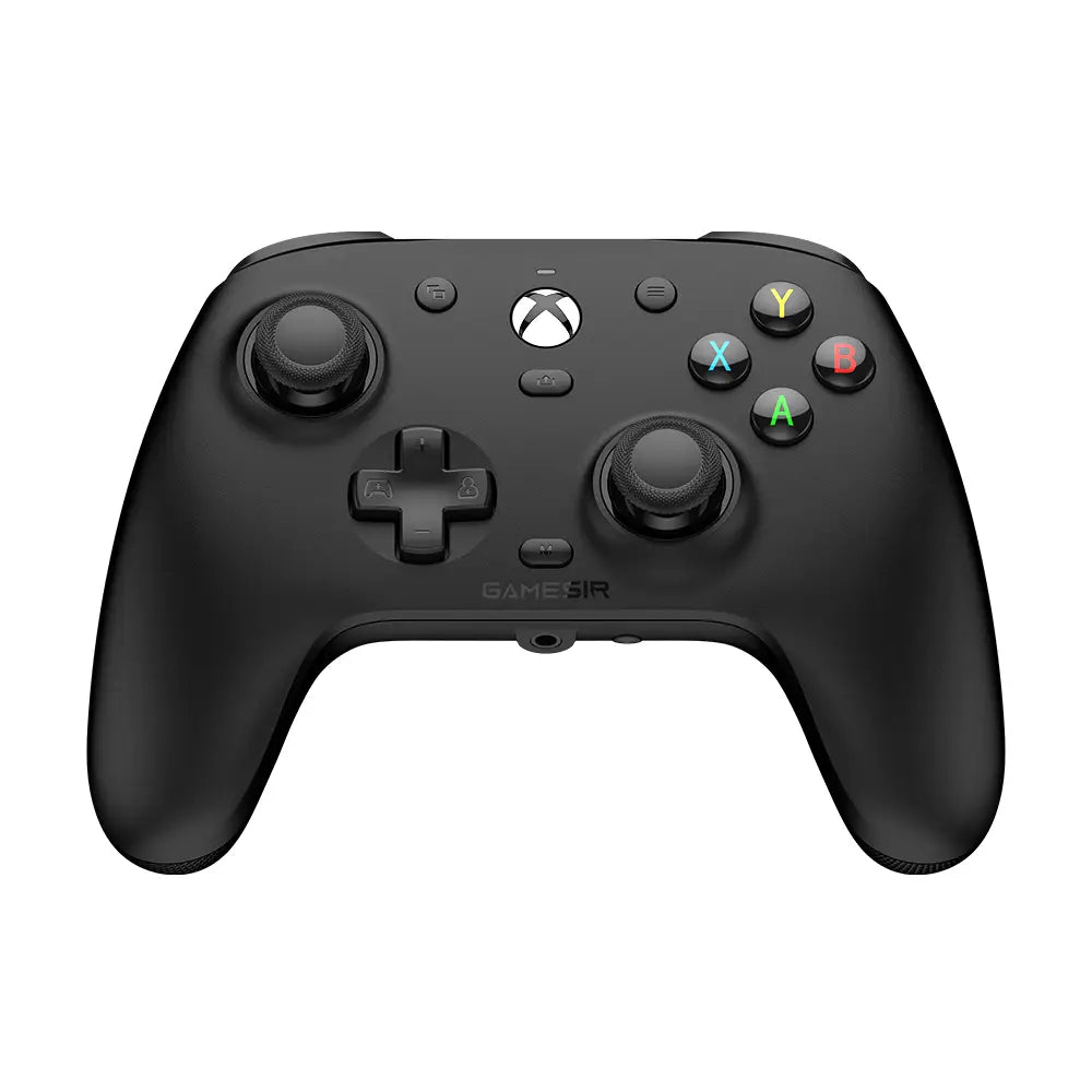 Schwarzer Gamesir G7 Pro Wireless-Controller für Xbox Series mit strukturierten Griffen, farbigen Aktionstasten und Anti-Reibungsringen in einem Zubehör-Set für die Tragetasche.
