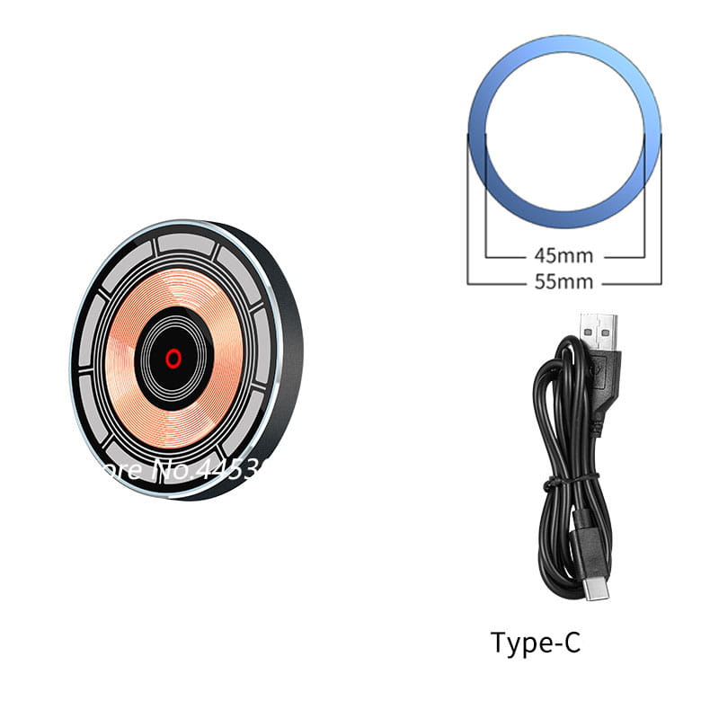 Cargador inalámbrico para Audi A6 C7 A7 4g8 con una almohadilla circular de carga inalámbrica, diseño de bobina color cobre, marco exterior negro y cable tipo C para la función de carga inalámbrica.