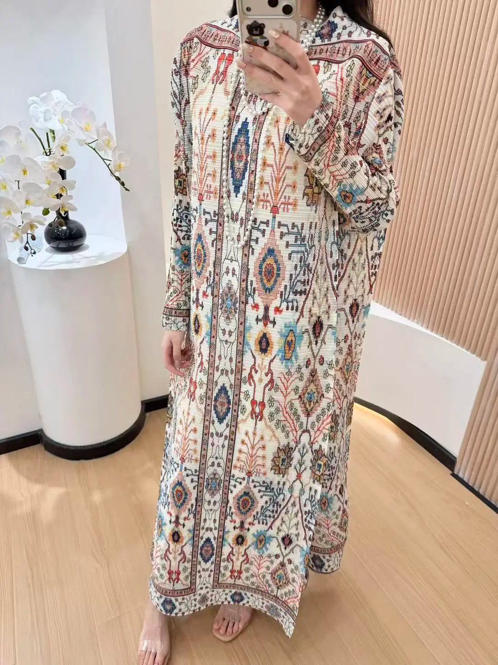 Abaya Ethnic Geometric Pattern Pleated Long Sleeve Loose Maxi Attire Middle Eastern Artistic Style Modest Classy Daily Outfits