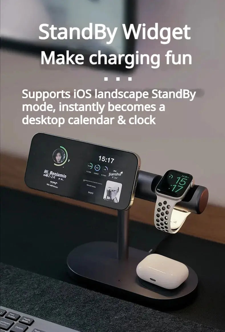 Station de charge sans fil 25 W 7-en-1 à widget en veille noire, en noir, dotée d’un support de charge rapide avec calendrier de bureau et affichage de l’horloge intégrés, maintenant un iPhone en mode paysage, une Apple Watch sur son bras latéral et un boîtier d’AirPods en dessous.