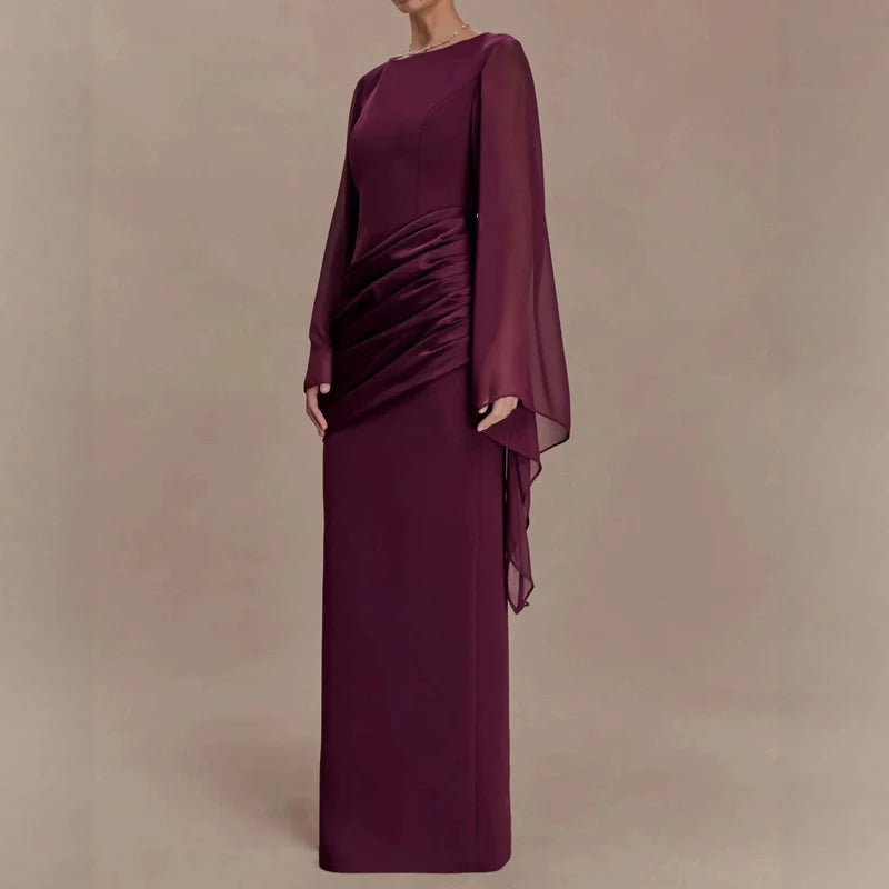 Elegant O-neck Formal Occasion Party Gown Women Causal Flared Sleeve Draped Evening Dress Fashion Waist Solid Slim Wedding Dress