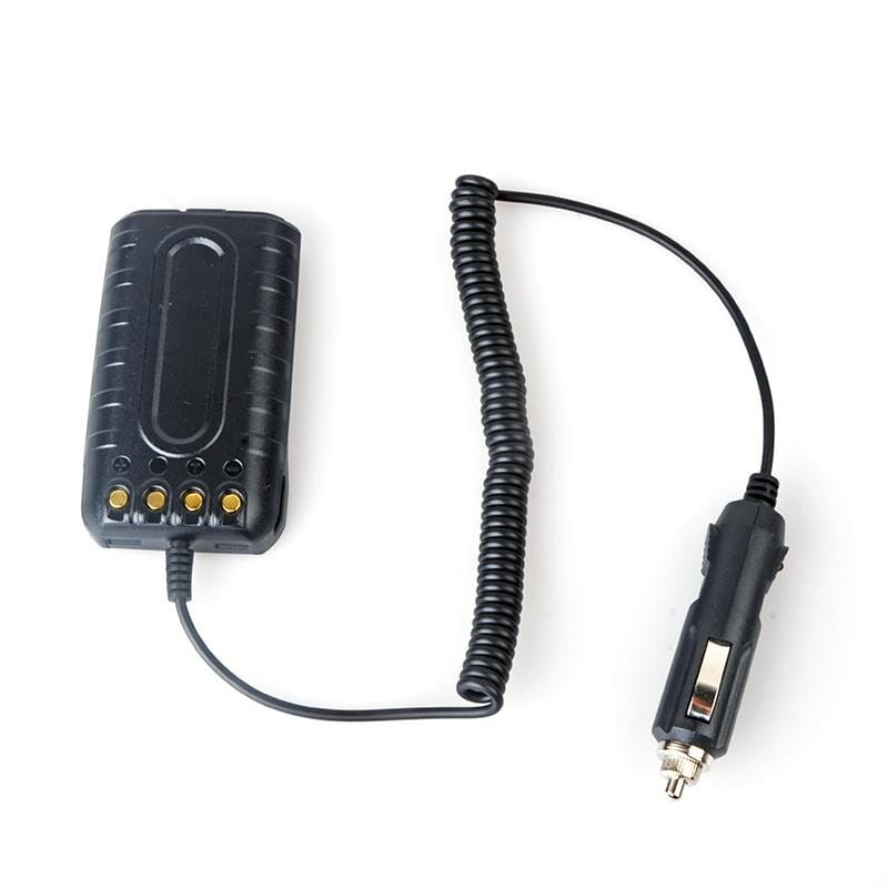 Black Quansheng Tg-uv2 Plus 10w car charger battery eliminator with coiled cable and gold-colored contacts.