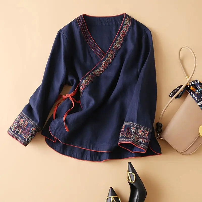 Women Ethnic Style Linen Cotton Blouse Summer Embroidered Wrap Top 3/4 Sleeve Tie Waist Loose Breathable Retro Casual Daily Wear