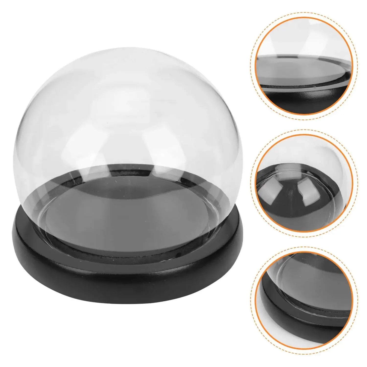 Clear plastic dome display case with black base showcasing dried floral arrangement for decorative display.