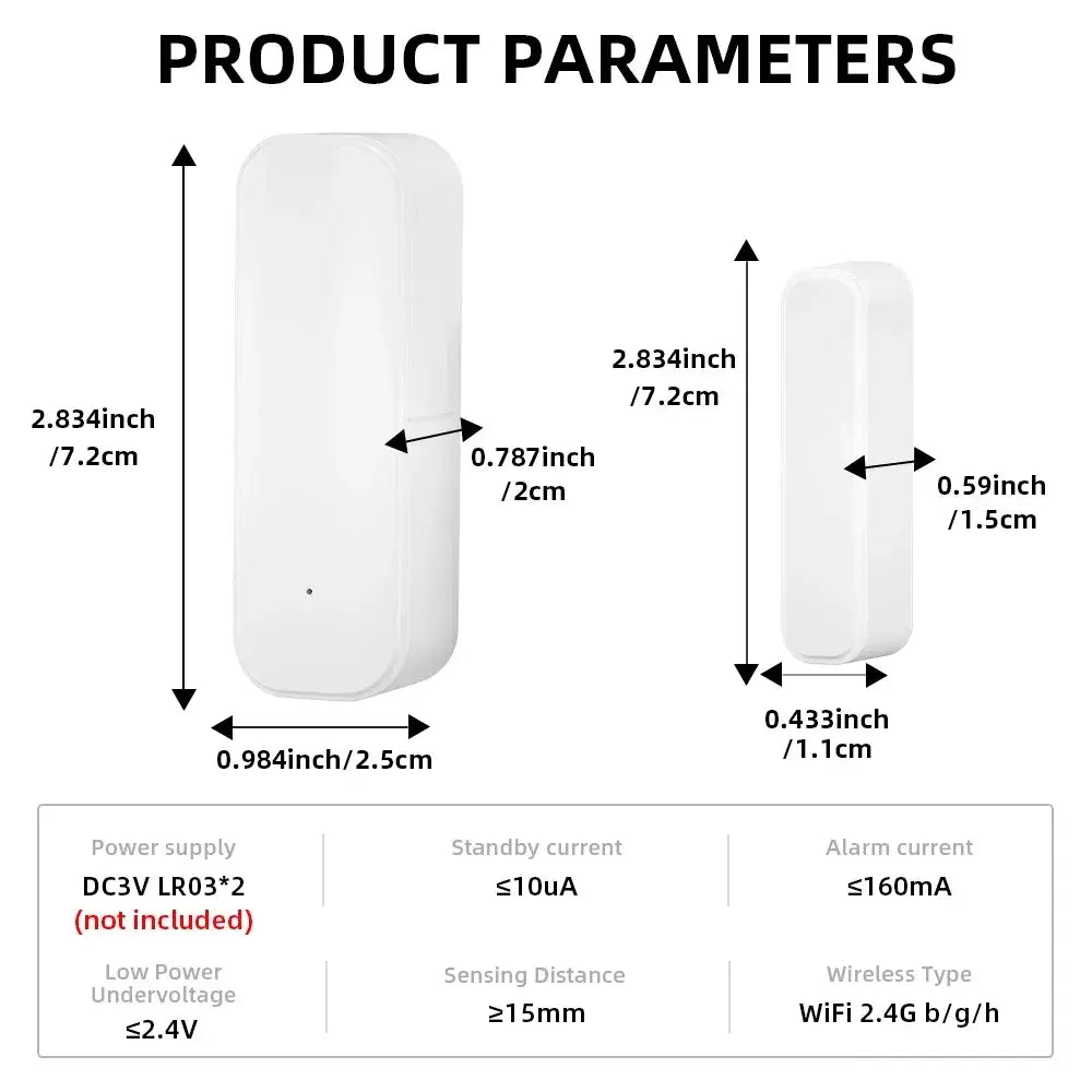 Capteur de fenêtre de porte pour maison intelligente rectangulaire blanc aux bords arrondis et à la conception minimaliste, compatible avec Google Assistant pour l’automatisation des scènes intelligentes.
