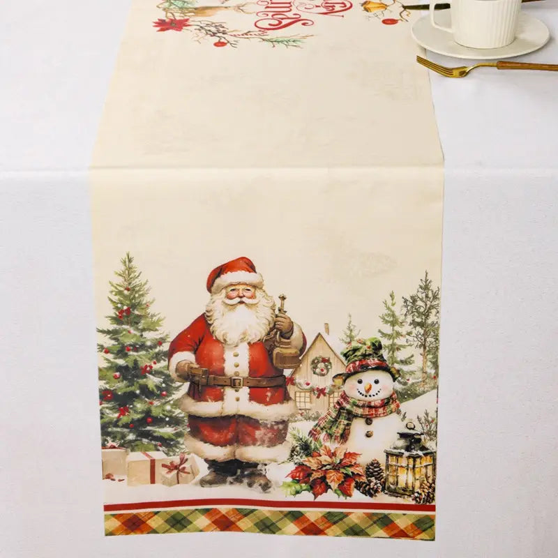 Vintage-Weihnachtsmann-Tischläufer im rustikalen Landhausstil mit einer bedruckten Illustration von Santa Claus und einem Schneemann in festlichen Rot-, Weiß-, Grün- und Beigetönen auf Stoff.