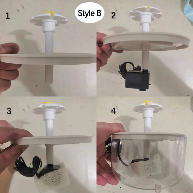 White plastic cat water fountain with transparent acrylic base and yellow-tipped top cap designed as a daisy flower usb water dispenser for pets.