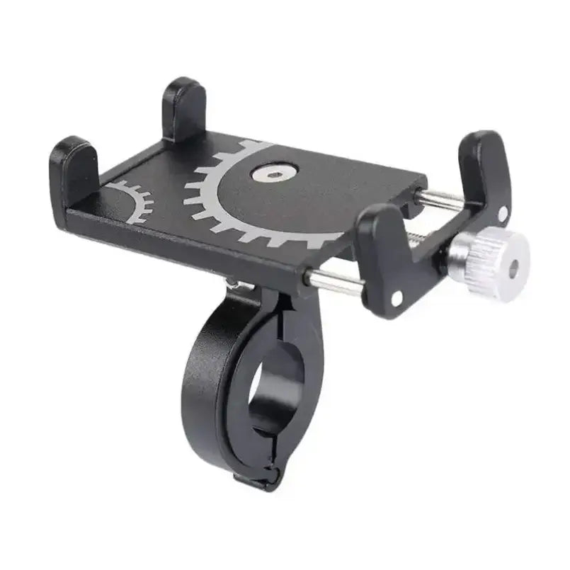 Soporte para teléfono para bicicleta de metal negro con diseño de engranajes plateado y abrazadera ajustable para una fijación segura.