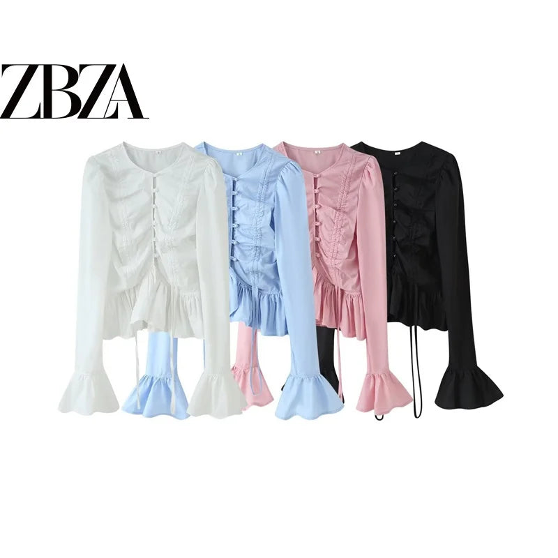 Women's Long Sleeve Pure Color Drawstring Bell Bottom Top Versatile T-Shirt Comfortable Breathable Polyester round Neck Design