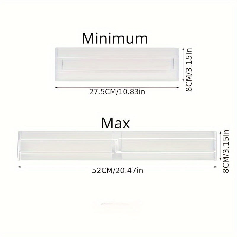 Clear plastic drawer dividers adjustable organizers made of clear acrylic with a minimalist rectangular tray design available in minimum and maximum length options.