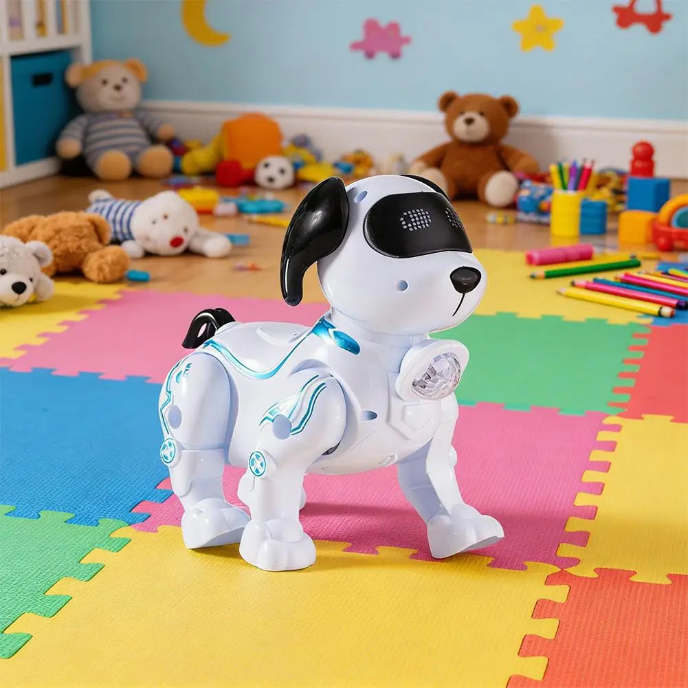 青く発光するアクセントを備えた、知能音楽ロボット犬として設計されたホワイト＆ブラックのロボット犬玩具（歩行用）。