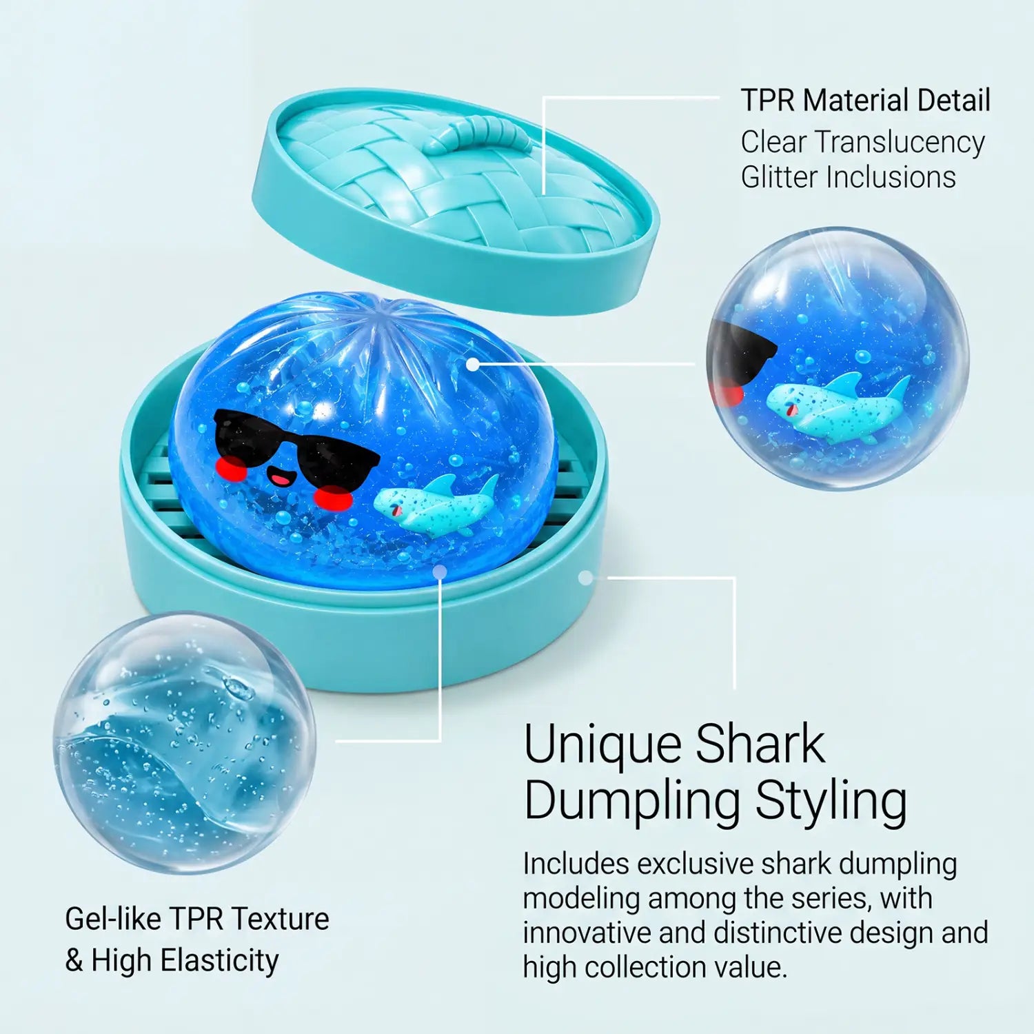 Blue translucent gel-like shark-shaped stress ball with glitter inclusions and a woven turquoise lid as finished goods in the Squishy Dumpling Stress Ball product line.