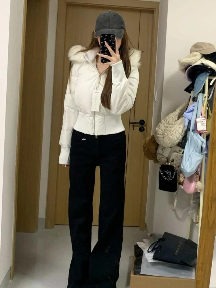 Winter Fur Collar Hooded Cropped Puffer Jacket Women's Warm Cotton Padded Jacket Short Top Windproof Coat Y2K High Waist