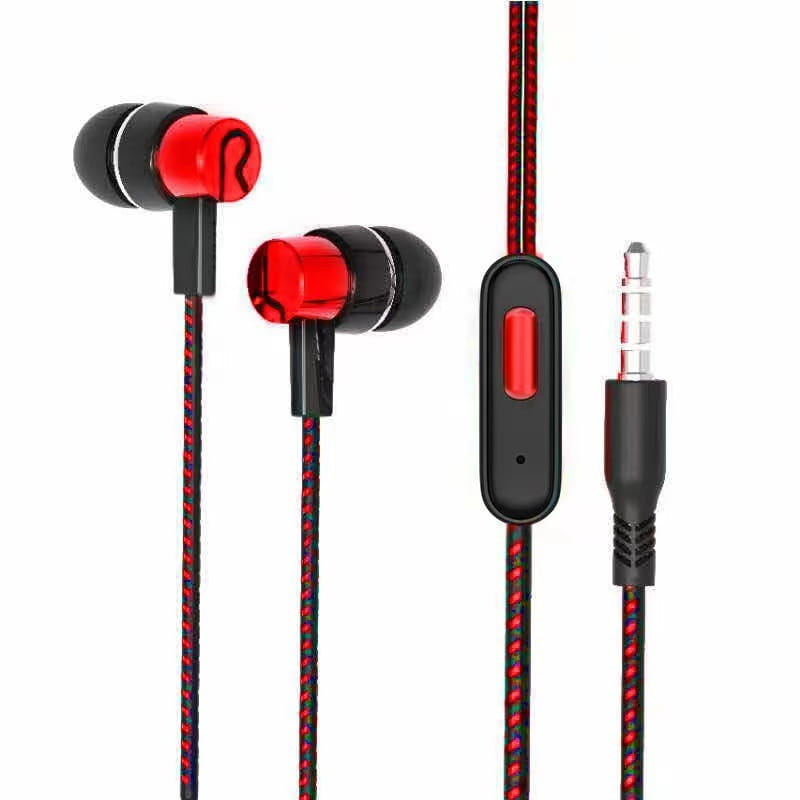 Verkabelte In-Ear-Kopfhörer mit Mikrofon 3,5 mm in Rot und Schwarz, mit geflochtenem Kabel und einem Inline-Steuermodul.
