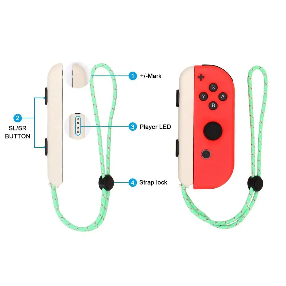 Par de reemplazo de cuerda para la mano con correa para muñeca trenzada color verde menta, con conectores de plástico negros y un pequeño módulo LED blanco para el jugador, diseñado para Nintendo Switch Joy-Con.