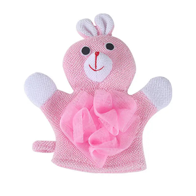 Rosa Hasen-in-Babyduschschwamm-Tierhandschuh, mit einem strukturierten Stoffkörper und weißen Akzenten sowie einer weichen Mesh-Schruppfläche, für eine sanfte Anwendung unter der Dusche.